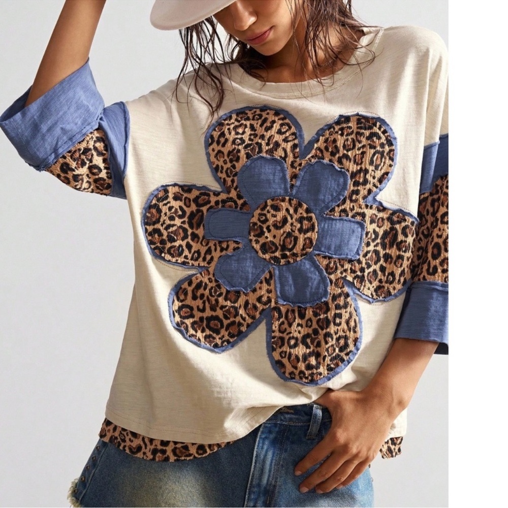 Plus Bohemian Leopard Flower Patch 3/4 Sleeve Top 1X 2X 3X 4X